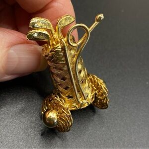 Vintage Gold Clubs Brooch Gold Tone Pin Figural Gold Cart
